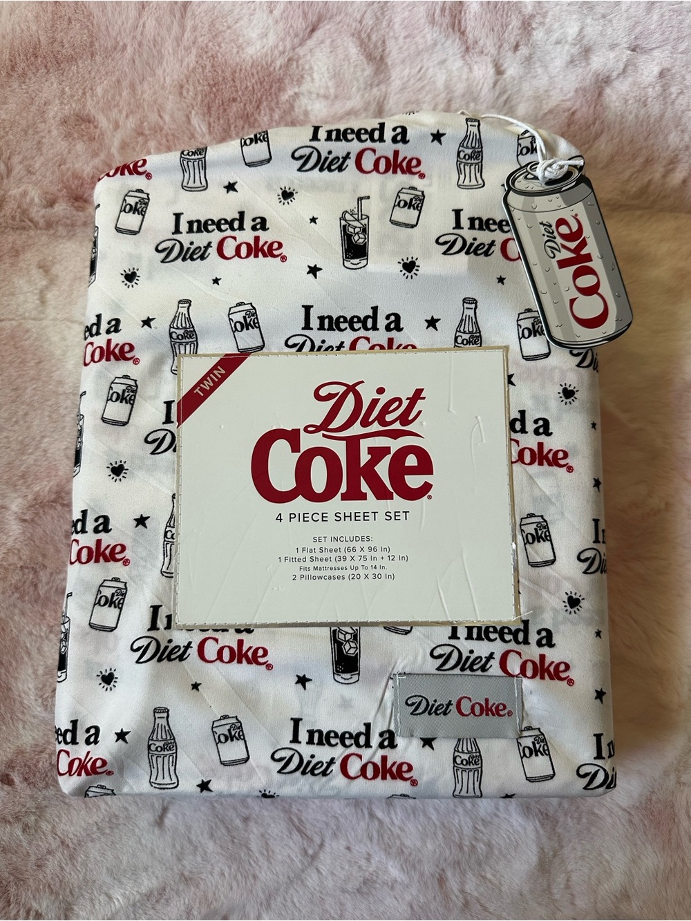 Diet Coke Twin 4 Piece Sheet Set - White with Red & Black Logo Print NIP